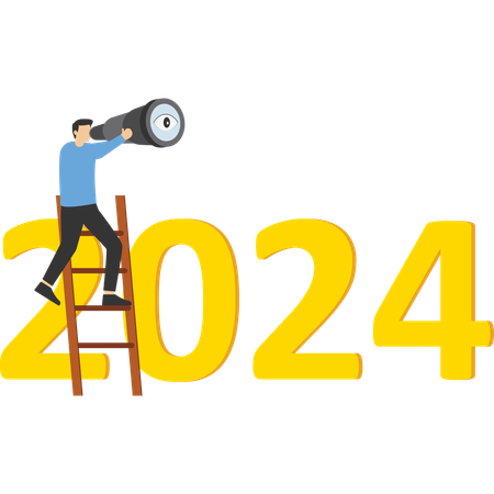 Líder empresarial usando telescópio para ver a visão no topo da escada acima do número do ano 2025.  Ilustração