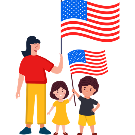 Lié par la famille du patriotisme tenant le drapeau des États-Unis  Illustration