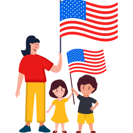Lié par la famille du patriotisme tenant le drapeau des États-Unis  Illustration