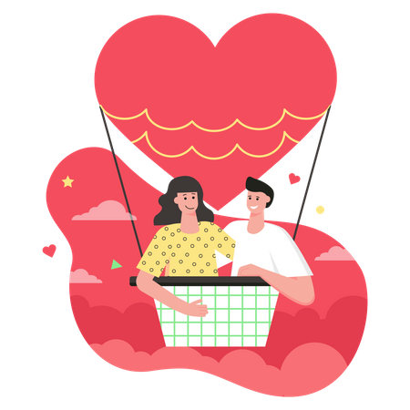 Liebender Mann und Frau fliegen im Heißluftballon  Illustration
