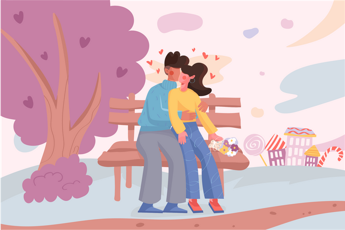 Liebespaar küsst sich auf Bank im Park  Illustration