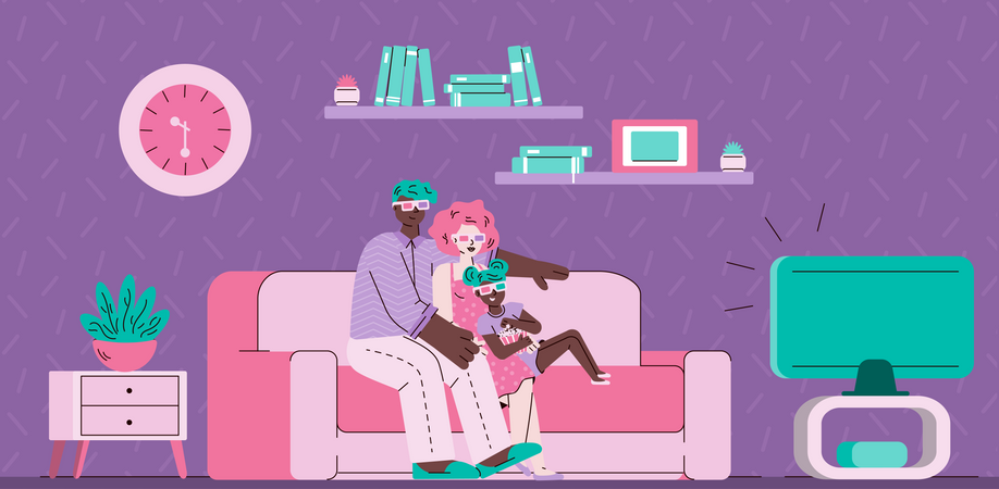 Liebespaar vor dem Fernseher auf dem Sofa im Zimmer sitzend  Illustration