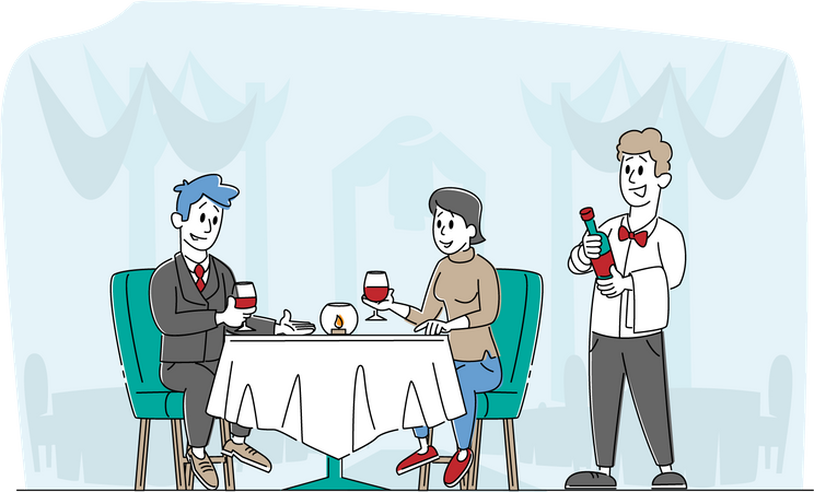 Liebespaar verabredet sich im Restaurant mit Kellner beim Servieren Illustration