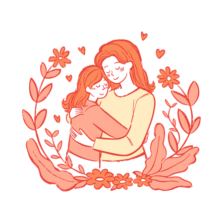 Liebevolle Mutter umarmt Tochter mit Blumen  Illustration