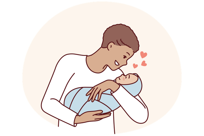 Liebevoller Mann hält neugeborenes Baby in den Armen und lächelt, genießt die Kommunikation mit seinem eigenen Sohn  Illustration