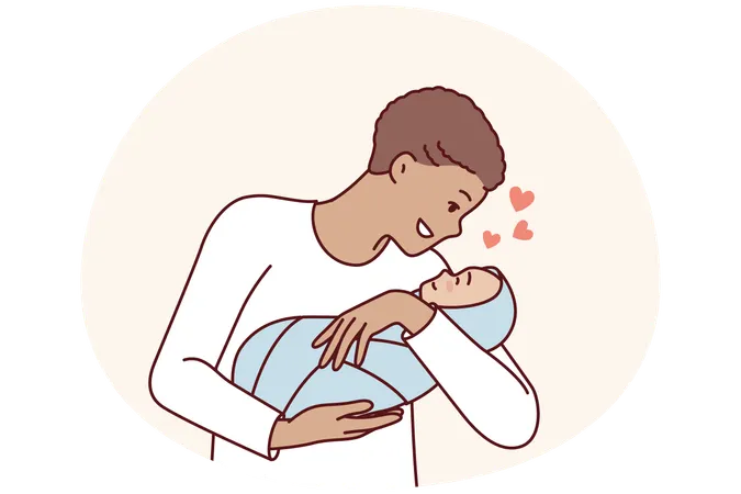 Liebevoller Mann hält neugeborenes Baby in den Armen und lächelt, genießt die Kommunikation mit seinem eigenen Sohn  Illustration