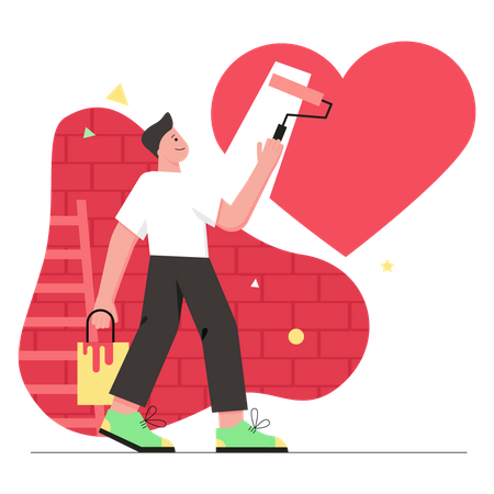 Liebevoller Mann malt für seine Freundin ein riesiges rotes Herz an die Wand  Illustration