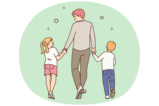 Liebevoller Vater geht mit kleinen Kindern spazieren  Illustration