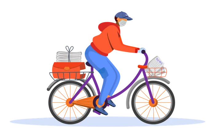 Lieferant fährt mit dem Fahrrad zur Zeitungsauslieferung  Illustration