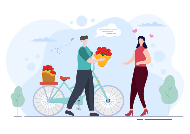 Lieferant liefert Blumen auf Fahrrad aus  Illustration