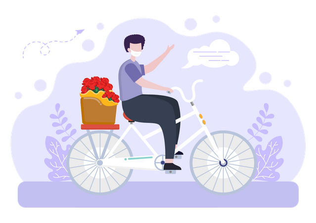 Lieferant liefert Blumen mit Fahrrad aus  Illustration