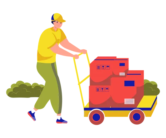 Der Zusteller liefert viele und schwere Pakete auf dem Lieferwagen aus  Illustration