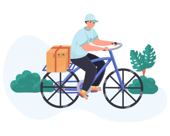 Der Lieferant liefert das Paket mit dem Fahrrad aus  Illustration