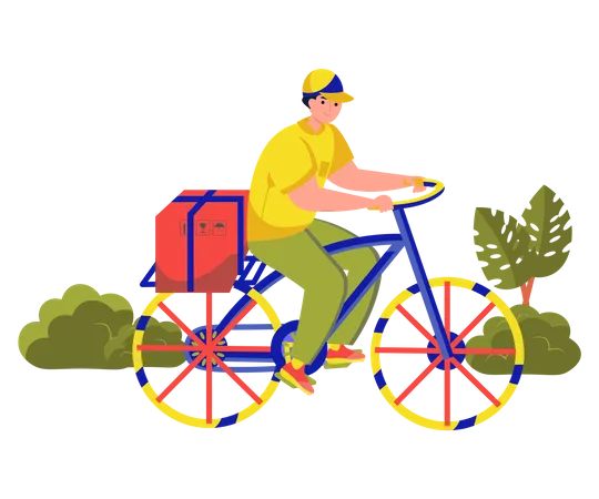 Der Lieferant liefert das Paket mit dem Fahrrad aus  Illustration