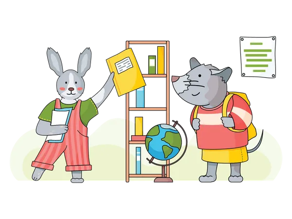Lièvre tenant un livre et une souris portant un cartable  Illustration