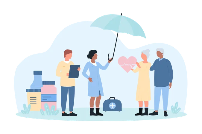 Life And Health Insurance For Senior Citizens Vector Illustration Cartoon Tiny People Holding Umbrella To Care And Protect Couple Of Elderly People Safety And Medical Support For Old Patients Illustration