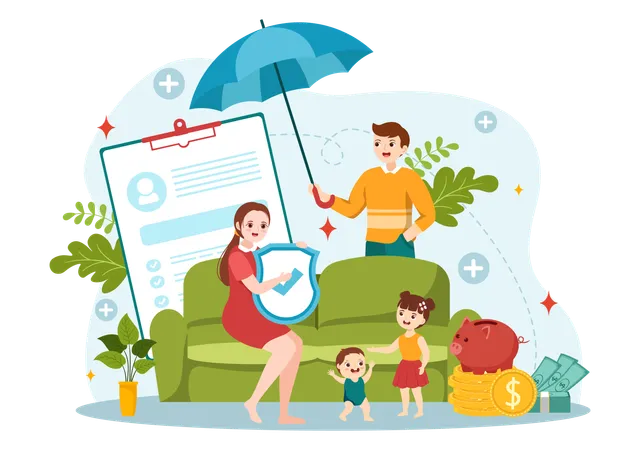 Life Insurance Vector Illustration With Check Marks Shield And Umbrella For Family Healthcare Protection And Medical Service In Flat Background 일러스트레이션
