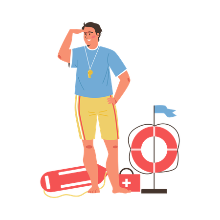 Lifeguard man with various rescue equipment  Illustration