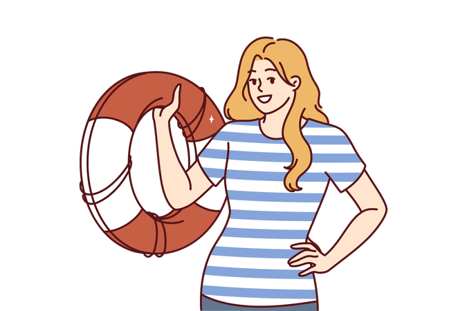Lifeguard woman with lifebuoys guaranteeing safety of pool visitors  Illustration