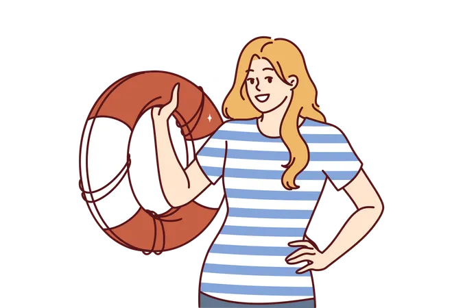 Lifeguard woman with lifebuoys guaranteeing safety of pool visitors  Illustration