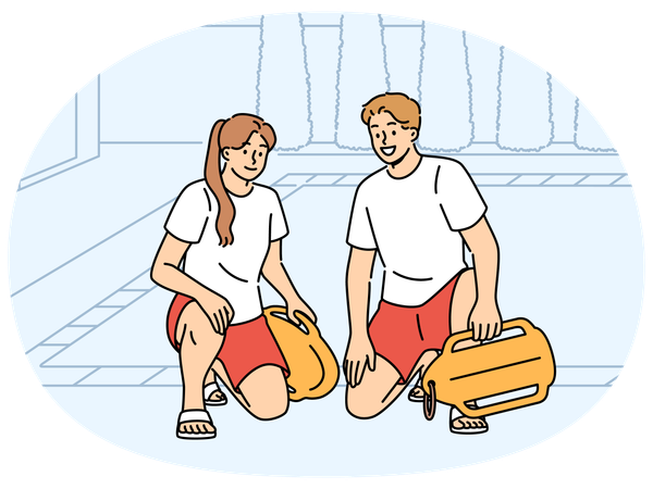 Lifeguards sit by pool at hotel  Illustration