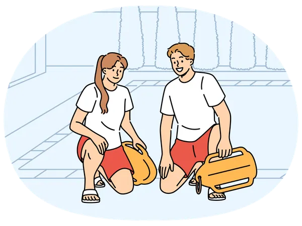 Lifeguards sit by pool at hotel  Illustration