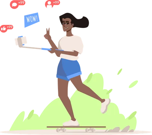 Lifestyle Blogger Flat Vector Illustration African American Girl Skateboarding Isolated Cartoon Character Dark Skin Teen Streaming Video Young Vlogger Streamer Healthy And Active Lifestyle Vlog Illustration