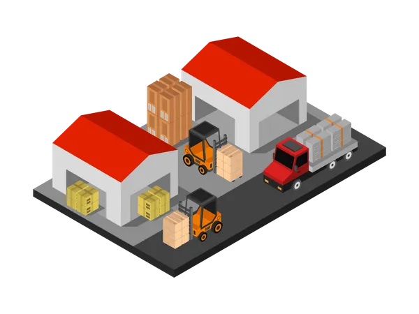 Lifting machines moving boxes in warehouse  Illustration