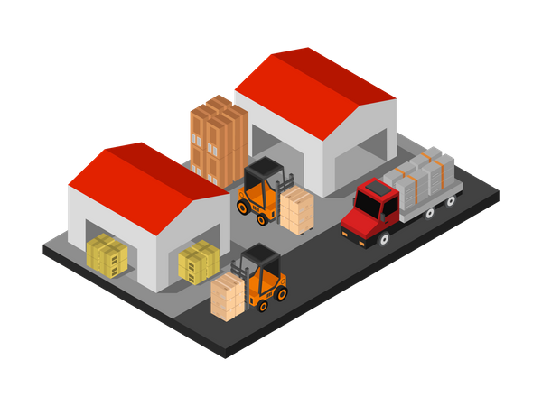 Lifting machines moving boxes in warehouse  Illustration