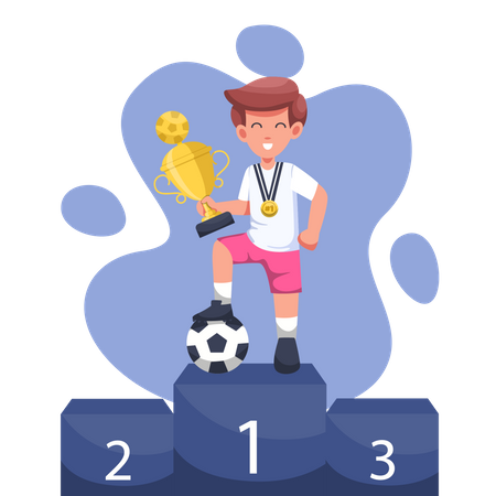 Liga de futebol masculino atleta com troféus no pódio da primeira posição  Ilustração