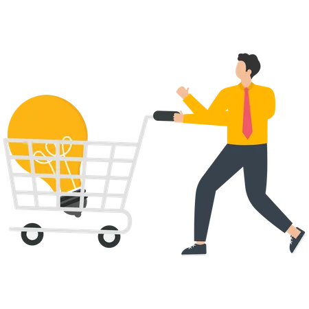 Light bulb in a shopping cart with businessman  Illustration