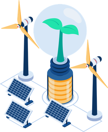 Light Bulb Powered by Solar Cell and Wind Turbine  Illustration