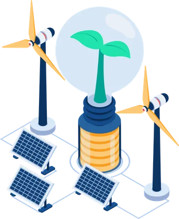 Flat 3 D Isometric Light Bulb Powered By Solar Cell And Wind Turbine Clean Energy And Renewable Power Concept Illustration