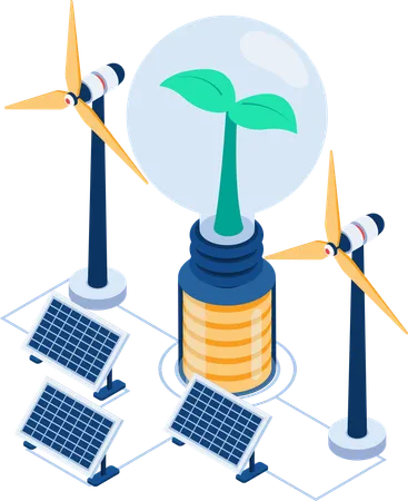 Light Bulb Powered by Solar Cell and Wind Turbine  Illustration