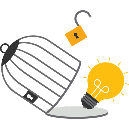 Light bulb with new innovation and idea with key free himself from cage  Illustration