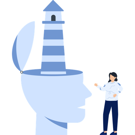 Lighthouse Emerging from Open Mind Woman Gesturing Creative Thinking  Illustration