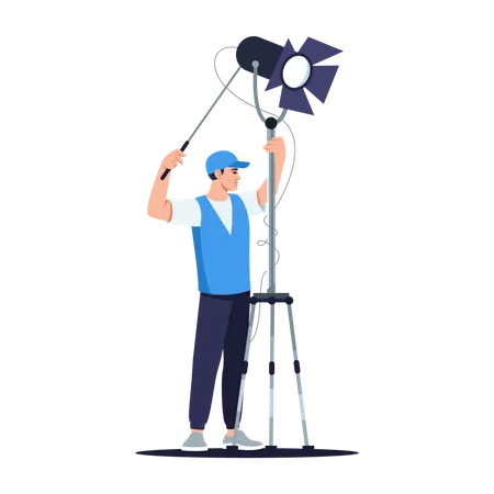 Lightning Technician Semi Flat RGB Color Vector Illustration Man Holding Light Film Shooting Environment Famous Movie Filming Crew Member Isolated Cartoon Character On White Background Illustration