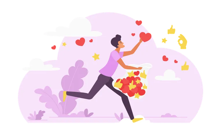 Likes And Positive Feedback Collection Effective Marketing Campaign For Social Media Content Concept Vector Illustration Cartoon Tiny Man Holding Bag And Running To Collect And Catch Flying Hearts Illustration
