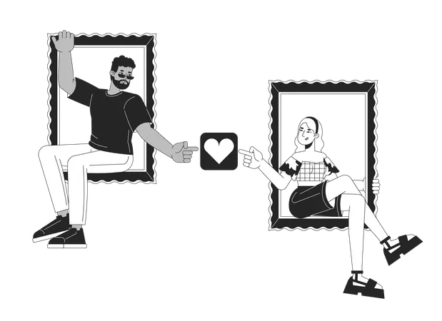 Liking Pictures On Social Media Black And White 2 D Illustration Concept Dating Site Users Like Button Cartoon Outline Characters Isolated On White Online Connection Metaphor Monochrome Vector Art Illustration