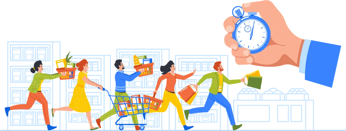 Crowd Of Shoppers Racing Through A Supermarket In A Frenzy To Grab The Best Deals And Discounts During The Limited Time Sale Event Hand Clutching Stopwatches Cartoon People Vector Illustration Illustration