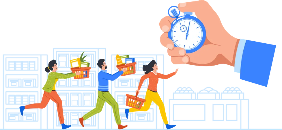 Customer Character Rushing Through A Busy Supermarket During A Limited Time Sale Event Trying To Grab The Best Deals And Bargains Before Time Runs Out Cartoon People Vector Illustration Illustration