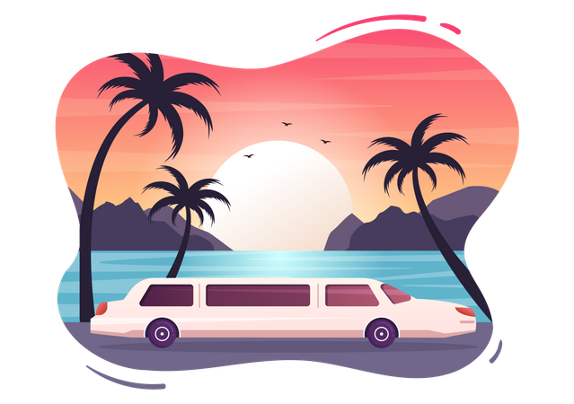 Limousine Car with Sunset  Illustration