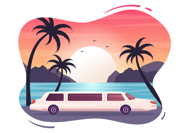 Limousine Car with Sunset  Illustration