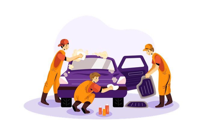 Faxineiros limpando carro  Ilustração