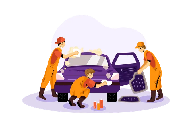 Faxineiros limpando carro  Ilustração