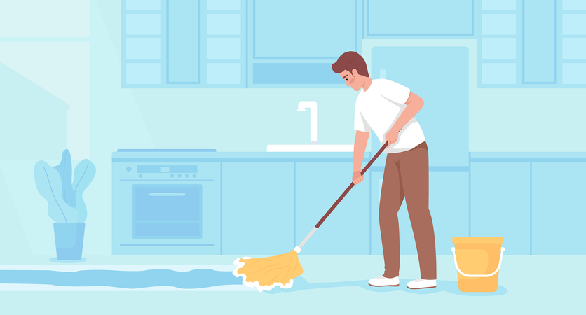 Limpando o chão da cozinha em casa  Ilustração