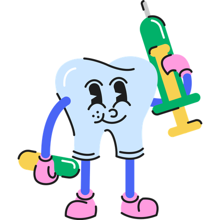Personagem de atendimento odontológico com cápsula e seringa  Ilustração
