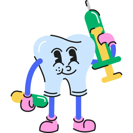 Personagem de atendimento odontológico com cápsula e seringa  Ilustração