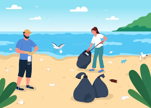 Limpeza De Praia De Lixo Cobicado Ilustracao Vetorial De Cor Plana Livrar Se Do Lixo Medico Lutando Contra Personagens De Desenhos Animados 2 D De Desastre Ambiental Com Ilhas Tropicais Em Segundo Plano Ilustração