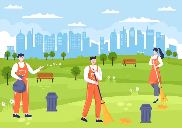 Trabalhadores de limpeza limpando parque  Ilustração